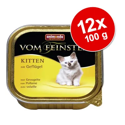 animonda Vom Feinsten Kitten mit Geflügel, 12x100 g. Tekst op verpakking: met Gevogelte, con Pollame, avec volaille. Afbeelding van een kitten op de verpakking.