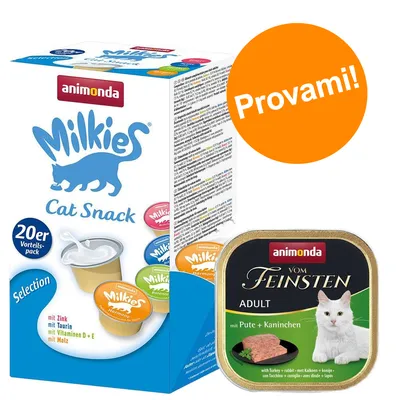 Animonda Milkies Cat Snack 20 pezzi, confezione con vari gusti e scritta 'Provami!'; Animonda Vom Feinsten Adult con tacchino e coniglio, immagine di un gatto bianco sulla vaschetta.