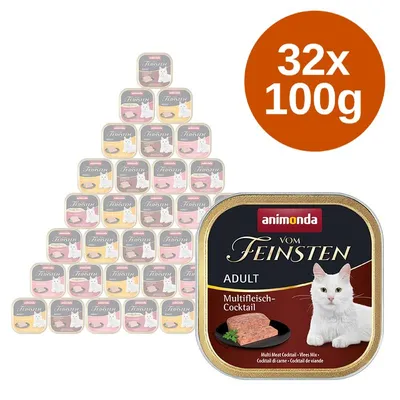 animonda Vom Feinsten Adult Multifleich-Cocktail, balení 32×100 g. Na obalu je bílá kočka a miska s masem.