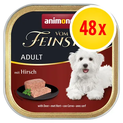 animonda Vom Feinsten Adult mit Hirsch, confezione da 48 vaschette. Immagine di un cane bianco e paté su piatto nero. Testo visibile: con Cervo. animonda Vom Feinsten Adult mit Hirsch, confezione da 48 vaschette. Immagine di un cane bianco e paté su piatto nero. Testo visibile: con Cervo.