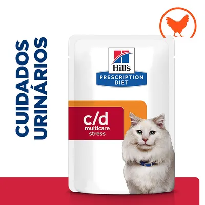 Embalagem de Hill's Prescription Diet c/d Multicare Stress para gatos, com texto 'Cuidados urinários' e ícone de frango no canto superior direito.