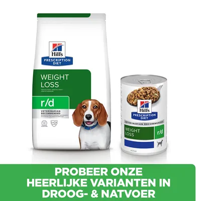 Hill's Prescription Diet Weight Loss r/d droogvoer en natvoer voor honden. Tekst: Probeer onze heerlijke varianten in droog- & natvoer.