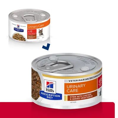 Hill's Prescription Diet Urinary Care c/d kattenvoer, stoofpot met kip en toegevoegde groenten. Verpakking toont kat en tekst: 'Veterinarian Recommended', 'Urinary Stress'. Hill's Prescription Diet Urinary Care c/d kattenvoer, stoofpot met kip en toegevoegde groenten. Verpakking toont kat en tekst: 'Veterinarian Recommended', 'Urinary Stress'.