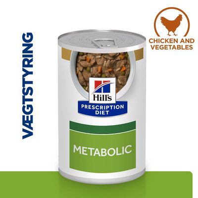Hill's Prescription Diet Metabolic dåse med synligt indhold af kød og grøntsager, tekst: VÆGTSTYRING, CHICKEN AND VEGETABLES