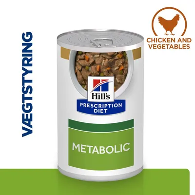 Hill's Prescription Diet Metabolic dåse med synligt indhold af kød og grøntsager, tekst: VÆGTSTYRING, CHICKEN AND VEGETABLES