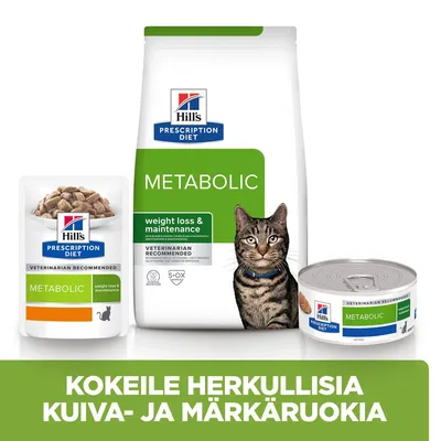 Hill's Prescription Diet Metabolic -kuiva- ja märkäruokia kissoille, pakkaukset ja kissa. Teksti: Kokeile herkullisia kuiva- ja märkäruokia.