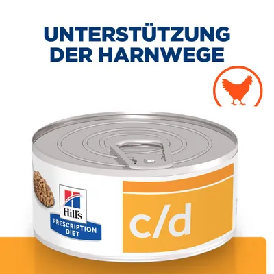 Boîte Hill's Prescription Diet c/d, texte allemand 'UNTERSTÜTZUNG DER HARNWEGE', pictogramme poulet visible sur l’image.