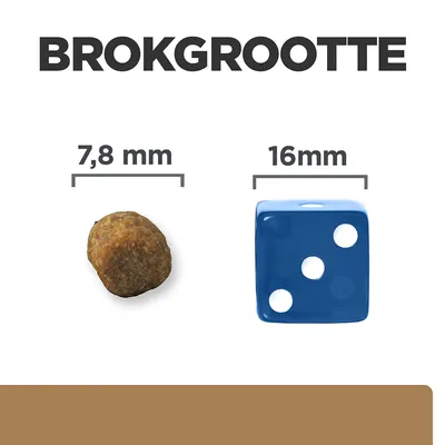 Brokformaat: brok van 7,8 mm naast een dobbelsteen van 16 mm ter vergelijking. Tekst 'BROKGROOTTE' bovenaan zichtbaar.