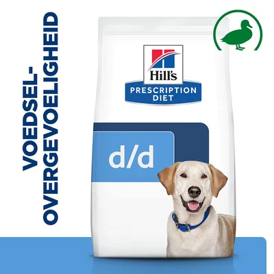 Hill's Prescription Diet d/d hondenvoer verpakking met tekst 'VOEDSEL-OVERGEVOELIGHEID' en een groene eend pictogram zichtbaar. Hill's Prescription Diet d/d hondenvoer verpakking met tekst 'VOEDSEL-OVERGEVOELIGHEID' en een groene eend pictogram zichtbaar.