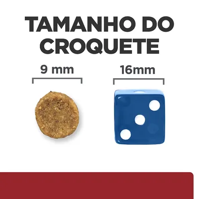 Tamanho do croquete: 9 mm de diâmetro, comparado com um dado azul de 16 mm. Texto visível: 'TAMANHO DO CROQUETE', '9 mm', '16 mm'.
