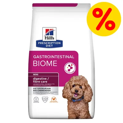 Hill's Prescription Diet Gastrointestinal Biome Mini digestive/fibre care, raccomandato dai veterinari, confezione con cane e simbolo percentuale giallo in alto a destra.