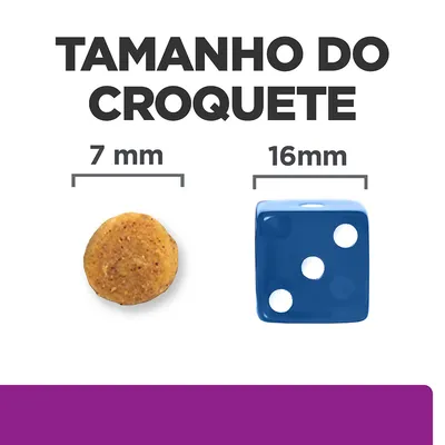 Tamanho do croquete: comparação visual entre um croquete de 7 mm de diâmetro e um dado azul de 16 mm de lado. Texto visível: 'TAMANHO DO CROQUETE', '7 mm', '16 mm'.
