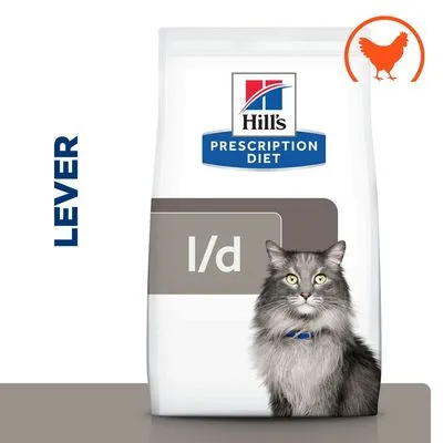 Hill's Prescription Diet l/d kattenvoer, tekst 'LEVER', afbeelding van een kat en oranje kip-icoon zichtbaar op de verpakking.