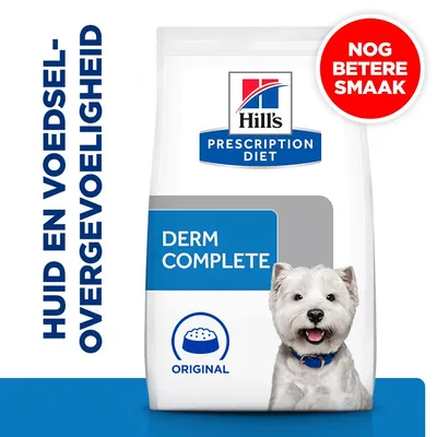 Hill's Prescription Diet Derm Complete Original hondenvoer, tekst: huid en voedselovergevoeligheid, nog betere smaak. Afbeelding van een witte hond op de verpakking.