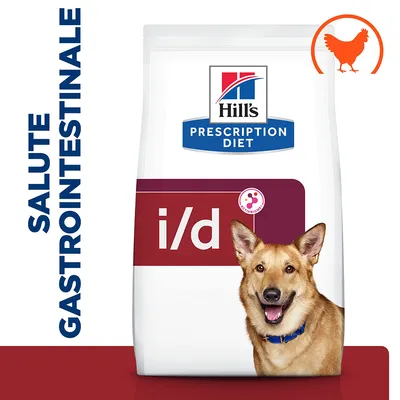 Hill's Prescription Diet i/d per cani, scritta 'SALUTE GASTROINTESTINALE', simbolo pollo arancione in alto a destra, immagine di un cane sul fronte della confezione.