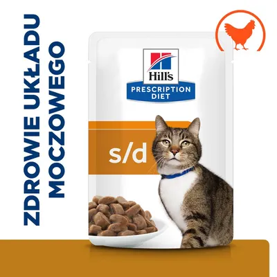 Hill's Prescription Diet s/d dla kotów, zdrowie układu moczowego, widoczny kot, miska karmy, symbol kurczaka. Opakowanie z tekstem: ZDROWIE UKŁADU MOCZOWEGO.
