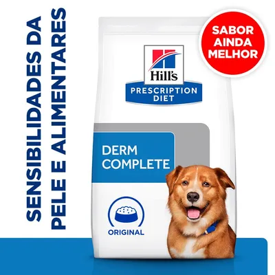 Hill's Prescription Diet Derm Complete Original. Texto: Sensibilidades da pele e alimentares. Selo vermelho: Sabor ainda melhor.