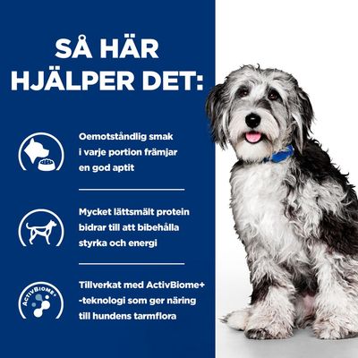 Så här hjälper det: Oemotståndlig smak i varje portion främjar en god aptit. Mycket lättsmält protein bidrar till att bibehålla styrka och energi. Tillverkat med ActivBiome+-teknologi.