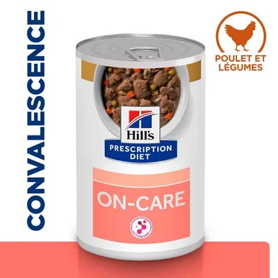 Boîte Hill's Prescription Diet ON-CARE, mention CONVALESCENCE, poulet et légumes, morceaux visibles, logo ActivBiome+ sur l’étiquette.
