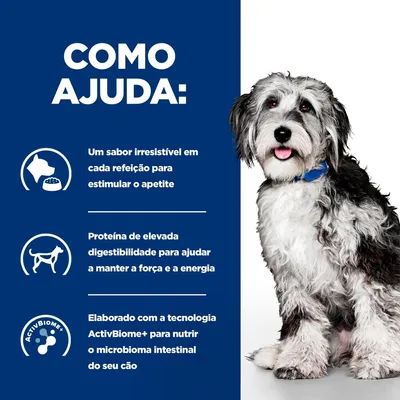 Como ajuda: Um sabor irresistível em cada refeição para estimular o apetite. Proteína de elevada digestibilidade para ajudar a manter a força e a energia. ActivBiome+ para nutrir o microbioma intestinal.