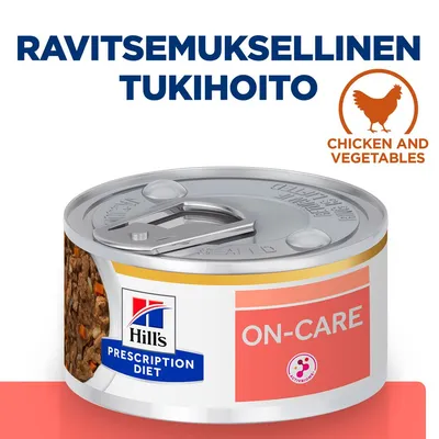 Hill's Prescription Diet ON-CARE -tölkki, etiketti: ravitsemuksellinen tukihoito. Chicken and vegetables. Kanan ja vihannesten kuva, ActivBiome+ merkki.