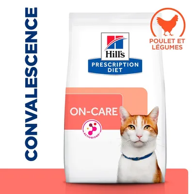 Sac Hill's Prescription Diet ON-CARE pour chat, mention convalescence, poulet et légumes, logo ACTIVBIOME+ visible sur l'emballage. Sac Hill's Prescription Diet ON-CARE pour chat, mention convalescence, poulet et légumes, logo ACTIVBIOME+ visible sur l'emballage.