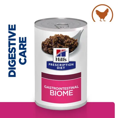 Консерва Hill's Prescription Diet Gastrointestinal Biome. Видима храна в лъжица, текст DIGESTIVE CARE и икона на пиле.