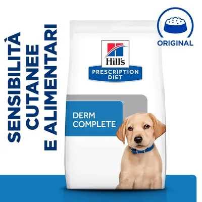 Hill's Prescription Diet Derm Complete, scritta: sensibilità cutanee e alimentari, simbolo ciotola con testo Original
