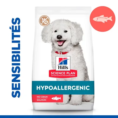 Hill's Science Plan Hypoallergenic, No Grain Salmon, croquettes pour chien, texte visible : SENSIBILITÉS, image de poisson et symbole sans céréales sur l’emballage.