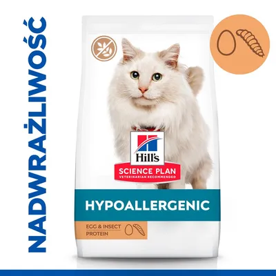 Hill's Science Plan Hypoallergenic karma dla kota, napis NADWRAŻLIWOŚĆ, białko z jaj i owadów, opakowanie z wizerunkiem kota. Widoczne symbole jaja i larwy.
