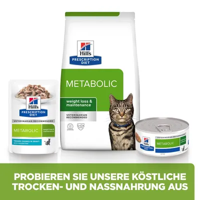 Hill's Prescription Diet Metabolic pour chat, sachet, sac et boîte visibles. Texte en allemand : Probieren Sie unsere köstliche Trocken- und Nassnahrung aus.