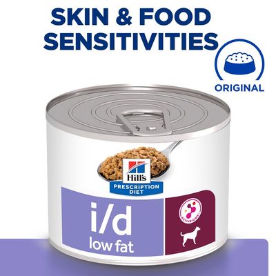 Hill's Prescription Diet i/d low fat can with ACTIVBIOME+ and dog icon. Text: Skin & Food Sensitivities, Original.