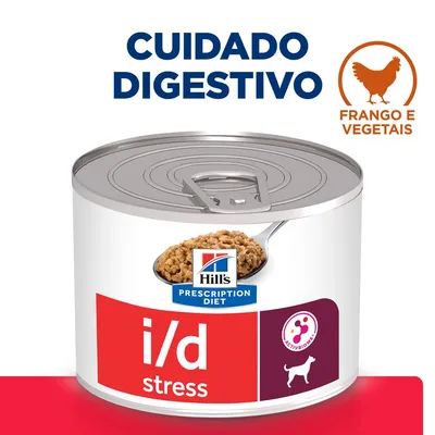 Hill's Prescription Diet i/d Stress, cuidado digestivo, frango e vegetais, lata de comida húmida para cão, texto visível: ACTIVBIOME+. Hill's Prescription Diet i/d Stress, cuidado digestivo, frango e vegetais, lata de comida húmida para cão, texto visível: ACTIVBIOME+.