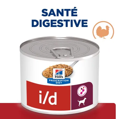 Boîte Hill's Prescription Diet i/d pour chien, mention « Santé digestive », logo dinde, texte ActivBiome+, visuel pâtée sur cuillère.