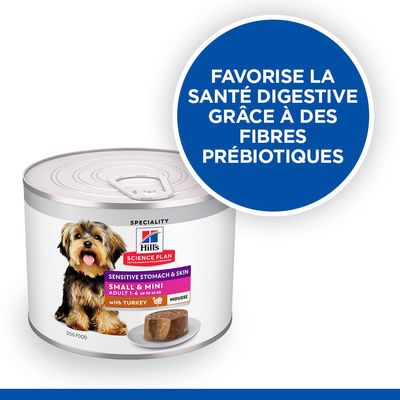 Hill's Science Plan Sensitive Stomach & Skin Small & Mini Adult 1–6 with Turkey, mousse. Favorise la santé digestive grâce à des fibres prébiotiques.
