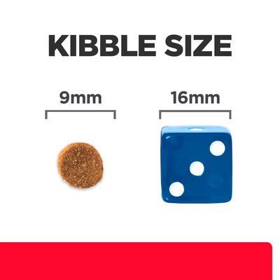 Kibble size comparison: round kibble 9 mm next to blue dice 16 mm. Text reads 'KIBBLE SIZE', '9mm' above kibble, '16mm' above dice.