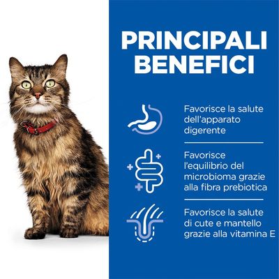 PRINCIPALI BENEFICI: Favorisce la salute dell’apparato digerente, l’equilibrio del microbioma grazie alla fibra prebiotica e la salute di cute e mantello grazie alla vitamina E.