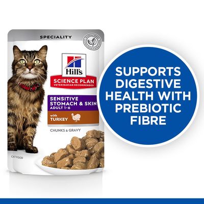 Hill's Science Plan Sensitive Stomach & Skin Adult 1–6 with Turkey, chunks & gravy. Text: Supports digestive health with prebiotic fibre (på engelska).