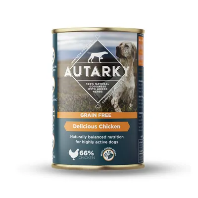 Grain free, delicious chicken dog food with 66% chicken and added herbs. Naturally balanced nutrition for highly active dogs. 100% natural goodness.