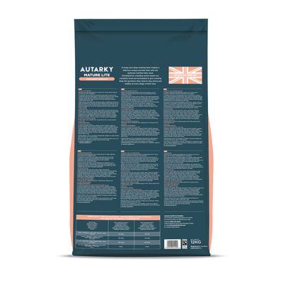 Back of Autarky Mature Lite bag showing feeding guidelines, nutritional information, ingredients list, and a label stating 'Made in the UK'.