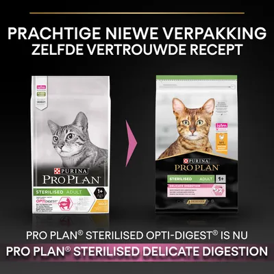 Purina Pro Plan Sterilised Adult kattenvoer: oude verpakking 'Opti-Digest' verandert in nieuwe verpakking 'Delicate Digestion'. Tekst: Prachtige nieuwe verpakking, zelfde vertrouwde recept.
