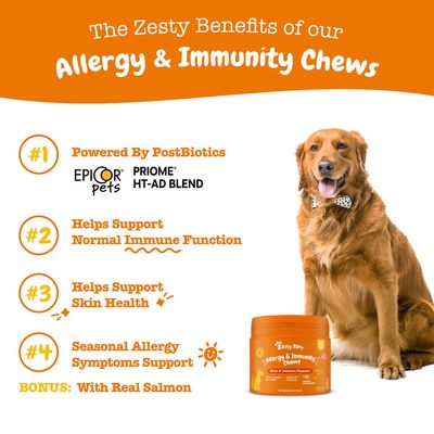 Zesty Paws Allergy & Immunity Chews, výhody: postbiotiká EpiCor pets, PRiOME HT-AD Blend, podpora imunity, zdravia pokožky, pri sezónnych alergiách, s pravým lososom. Text v angličtine.