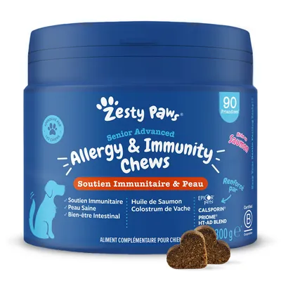 Zesty Paws Senior Advanced Allergy & Immunity Chews, 90 friandises. Soutien immunitaire et peau, huile de saumon, colostrum de vache, bien-être intestinal. Aliment complémentaire pour chiens.