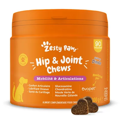 Zesty Paws Hip & Joint Chews, 90 friandises, riche en dinde, mobilité & articulations, confort articulaire, glucosamine, chondroïtine, moule verte de Nouvelle-Zélande, 300 g