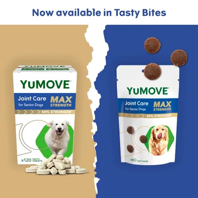YuMOVE Joint Care Max Strength for Senior Dogs, 50% stronger, shown as tablets and new tasty bites. Now available in Tasty Bites format. Packs display 120 tablets or 60 bites.