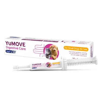 YUMOVE Digestive Care Rapid paste, 15ml syringe and box, for small dogs and cats. Contains pre and probiotics for sudden loose stools. Fast-acting ingredients highlighted.