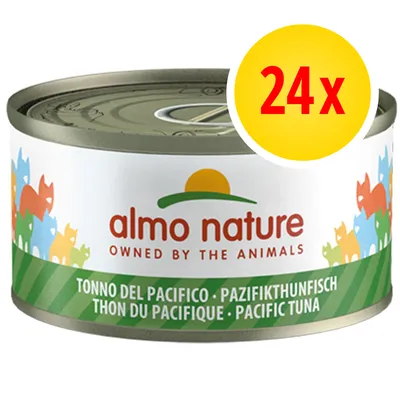 almo nature TONNO DEL PACIFICO, confezione da 24x. Testo visibile: OWNED BY THE ANIMALS, PAZIFIKTHUNFISCH, THON DU PACIFIQUE, PACIFIC TUNA.