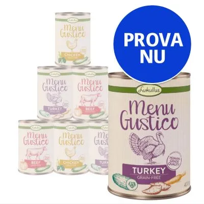 Flera burkar Lukullus Menu Gustico våtfoder med synliga smaker: Turkey, Beef, Chicken. Stor blå cirkel med texten PROVA NU.