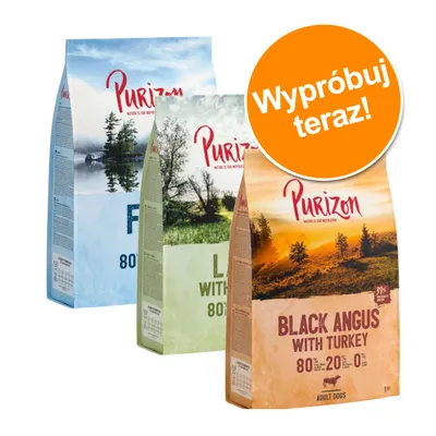 Trzy opakowania karmy Purizon: Fish, Lamb with Chicken, Black Angus with Turkey. Na pomarańczowym kole napis: Wypróbuj teraz! Widoczne wartości: 80 %, 20 %, 0 %.