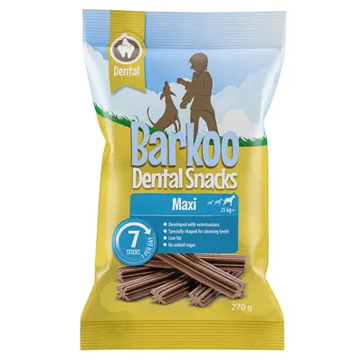 Confezione Barkoo Dental Snacks Maxi per cani oltre 25 kg, 7 stick, peso 270 g. Testo visibile: Developed with veterinarians, Specially shaped for cleaning teeth, Low fat, No added sugar. Confezione Barkoo Dental Snacks Maxi per cani oltre 25 kg, 7 stick, peso 270 g. Testo visibile: Developed with veterinarians, Specially shaped for cleaning teeth, Low fat, No added sugar.